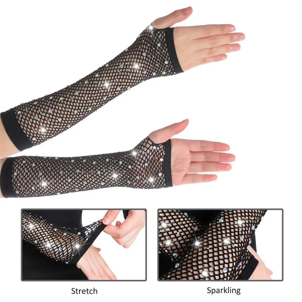

Punk Hiphop Flash Diamonds Colored Hollow Mesh Gloves Elastic Women's Gloves