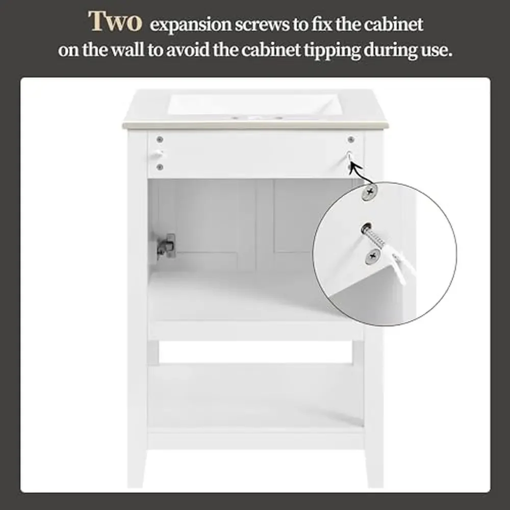 Modern 24" Bathroom Vanity Cabinet with Ceramic Basin and Soft-Close Doors White Wood High Load Capacity Wide Countertop Free of