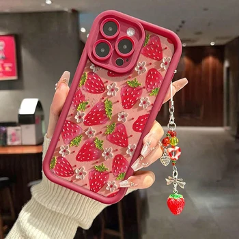 Flower Strawberry With Wrist Strap Lanyard Phone Case For iPhone 17 16 15 14 13 12 11 Pro Max 16E XS X XR 8 Plus Silicone Cover 1