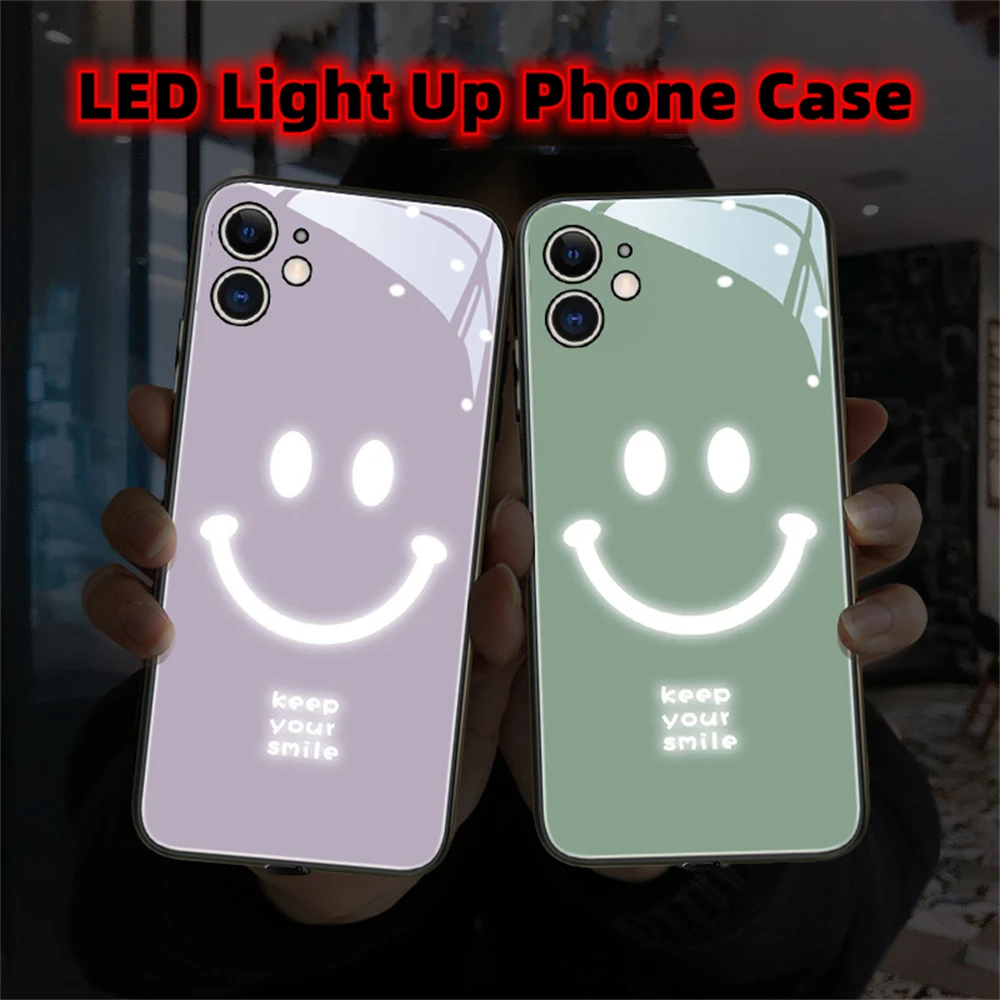 

Smile Design Luminous Sound Music Control Phone Case For Samsung S23 S22 S21 S20 Ultra Call Glowing LED Light Up Glass Cover