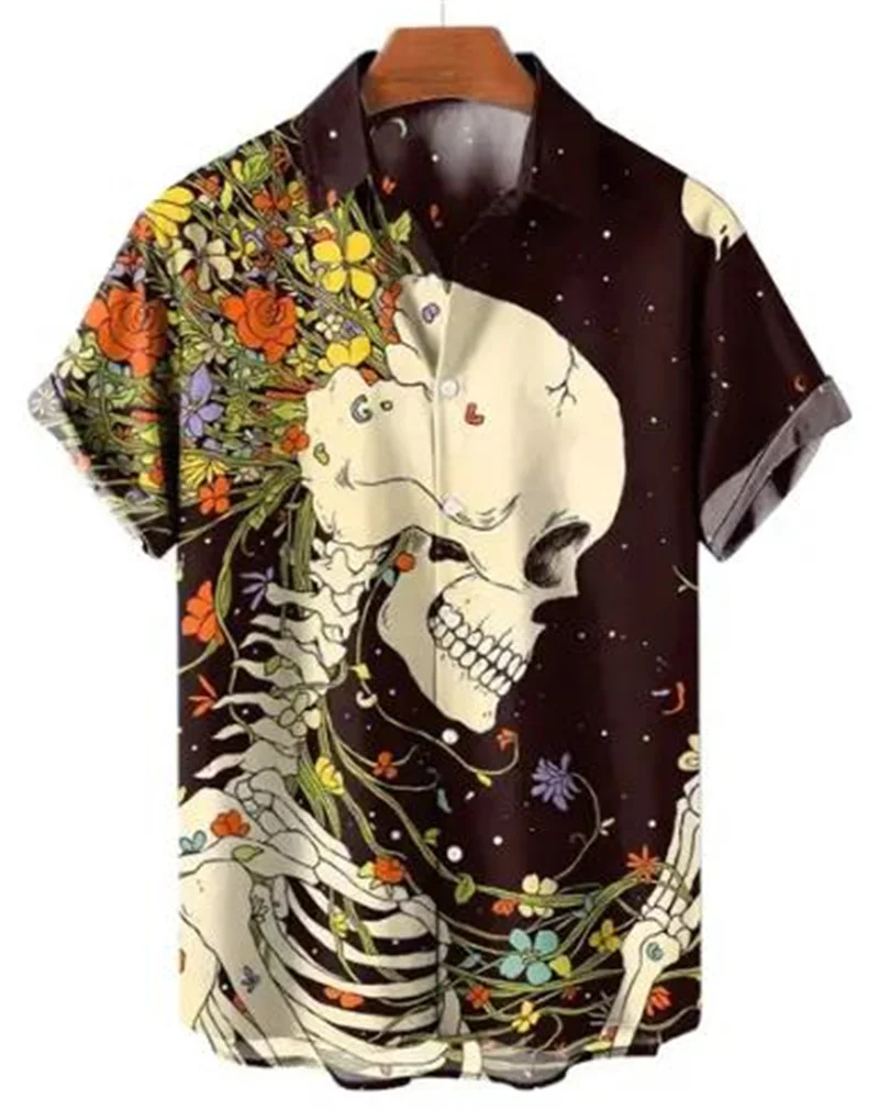 

Summer Hawaiian Skull Men's Korean Fancy Casual Short Sleeve Long Sleeve Digital 3D Printing Oversized Imported Clothing