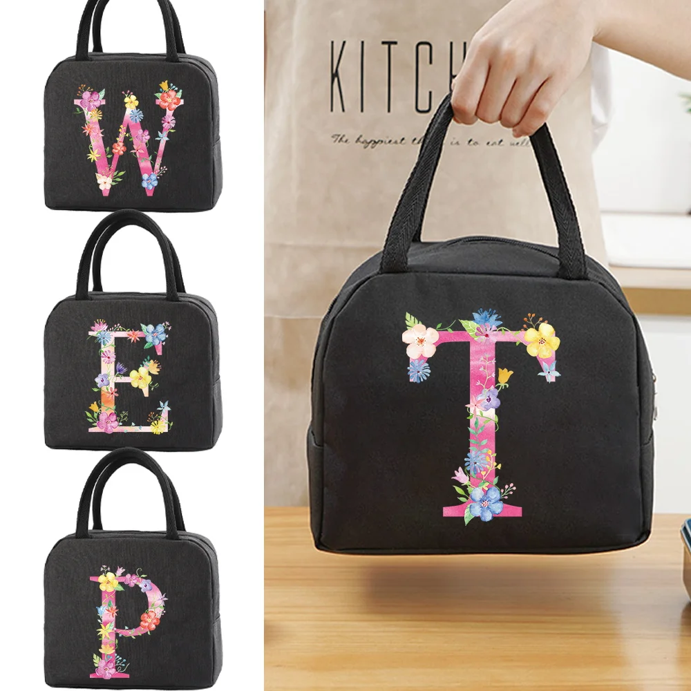 Picnic Insulated Box Portable Lunch Bag Cooler Tote Hangbag Pink Letter Thermal Food Container for Women Kids Travel Lunchbox