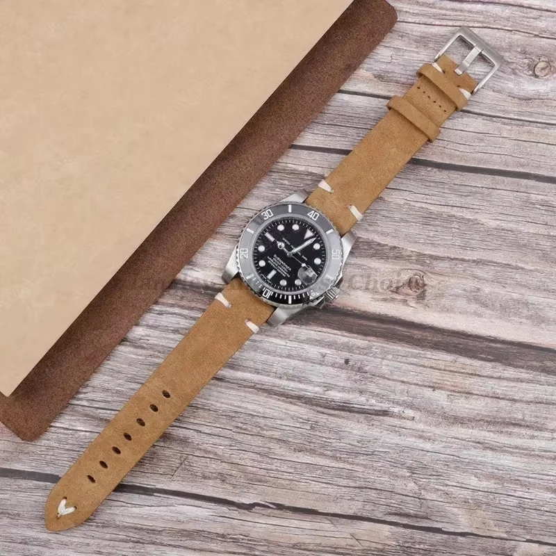 Vintage Handmade Suede Leather Watch Strap with Stitching Details, Available in Multiple Widths