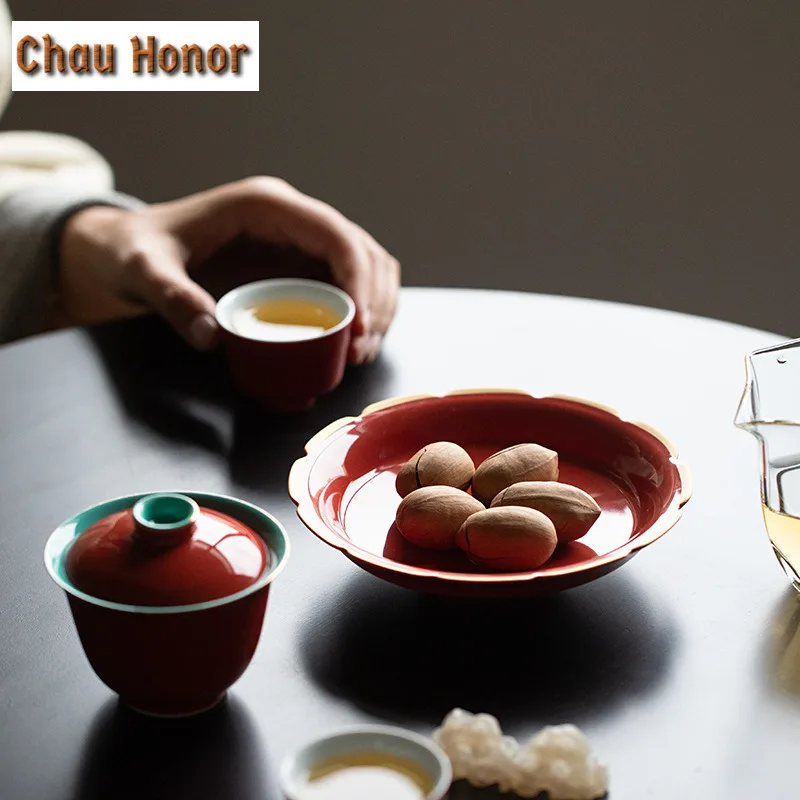 Boutique Palace Red Art Ceramic Kungfu Tea Tray Pot Bearing Household Chinese Style Porcelain Food Fruit Snack Plate Accessories