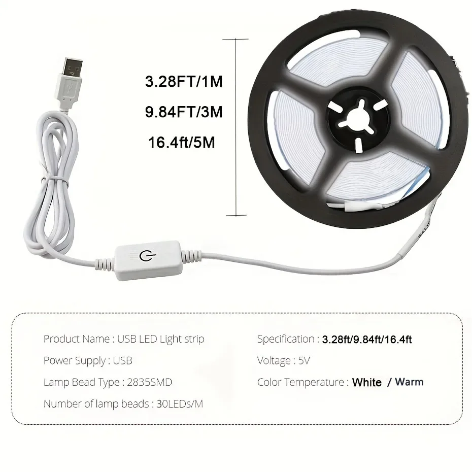 USB-LED-Lichtleiste, berührungsempfindlich, 5 V, 2835 LEDs, flexibles Lichtband, Hintergrundbeleuchtung für Raum, Schrank, Beleuchtung, Spiegel, Aufhellung – Detail 1