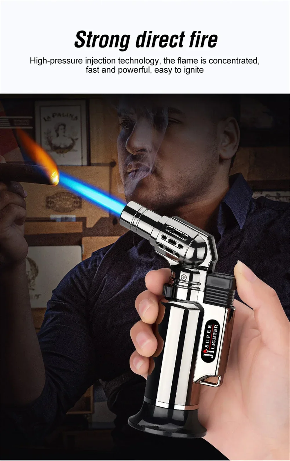 Description Picture 5 of itemMetal Windproof Turbine Gas Lighter Flame Powerful Spray Gun Blue Flame Cigar Lighter Welding Torch Kitchen Cooking Adjustable