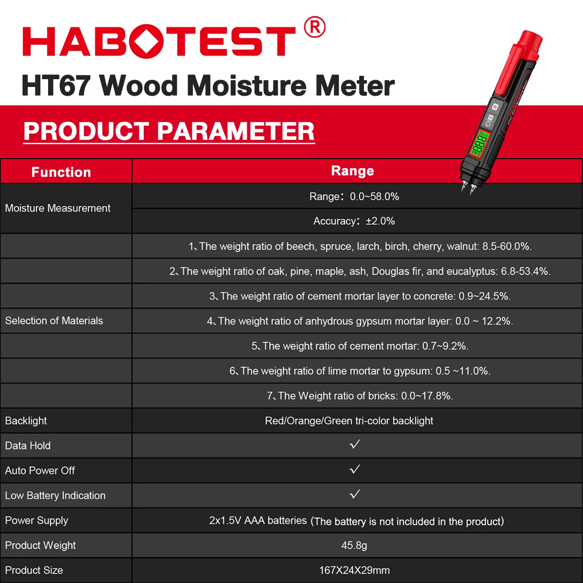 HABOTEST HT67 Pen-Type Digital Wood Moisture Meter LCD Display 0-58% Timber Damp Detector Concrete Cement Brick