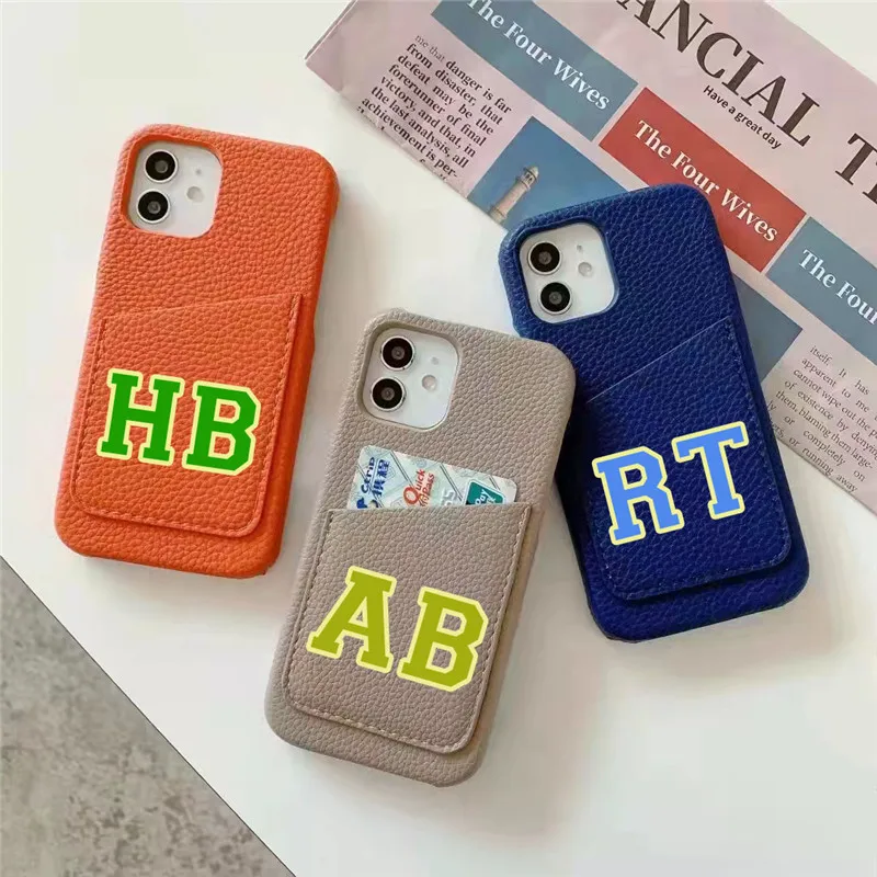 Custom Name Letters Leather Card Holder Case For iphone 14 13 12 11 Pro 14  Plus X XS XR 7 8 Plus Lattice Luxury Shockproof Cover - AliExpress