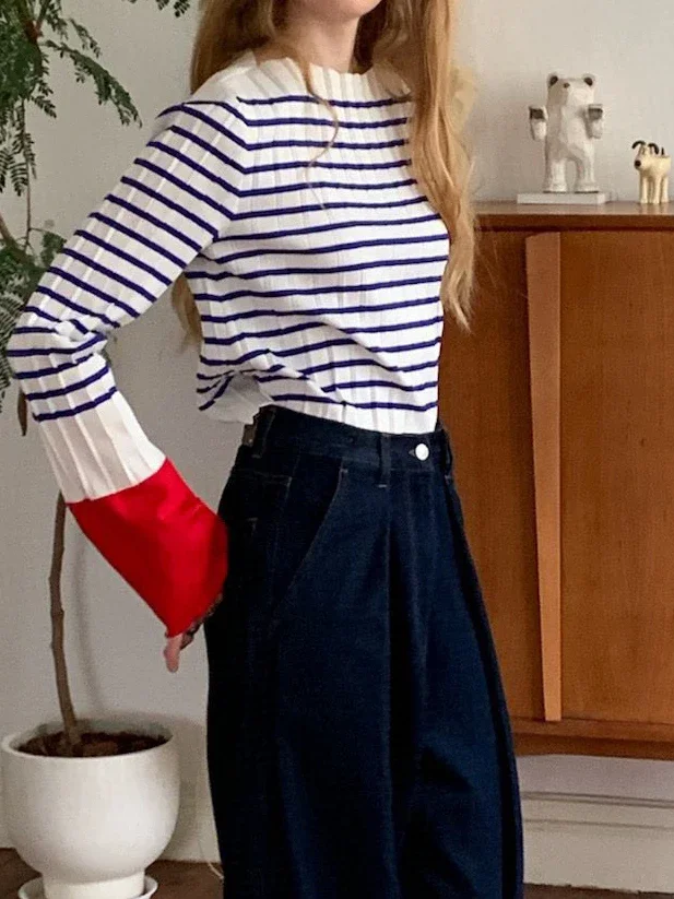 

Blue Striped Vintage Winter Autumn Clothes Women Tops Patckwork Red Wool Sweater Slim Knitted Pullovers Warm Long Sleeve Tops