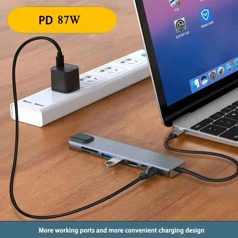 8 in 1 USB C HUB Type C Splitter 4K HDMI RJ45 100Mbps with SD Tf Card Reader Slot PD 87W Fast Charging for Notebook Computer 4