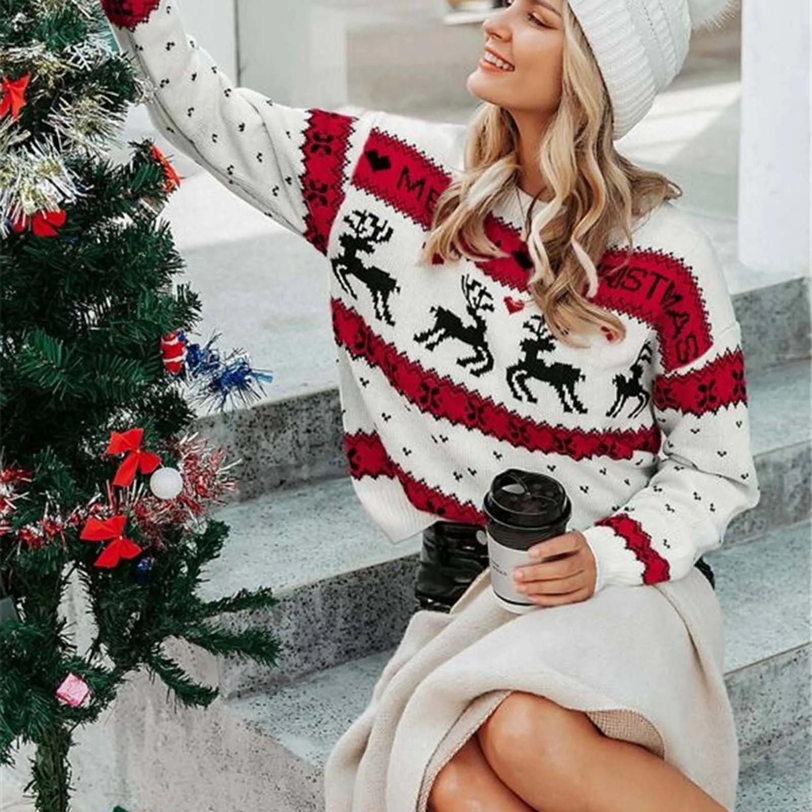 

Fashion Retro Christmas Deer Print Sweaters Women Round Neck Casual Winter Warm Long Sleeve Knitwear Tops Jumper Sweater Female
