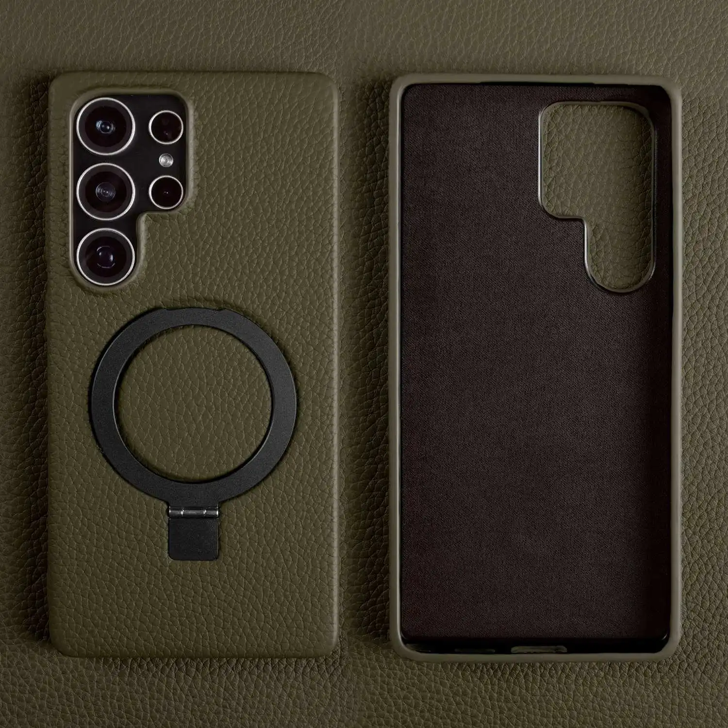 Genuine Leather Magnetic Ring Stand Phone Case with Back Cover