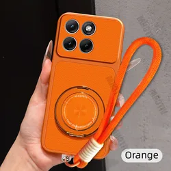 Magnetic Rotating Bracket Lanyard Phone Case - PU Leather Soft Cover for Motorola Edge 70 (Orange)