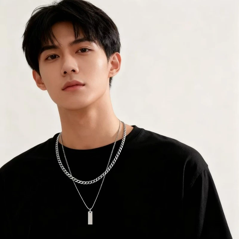 2-Piece Men's Layered Necklace Set - Minimalist Rectangle Pendant & Collarbone Chain, Ideal Gift for Christmas/New Year