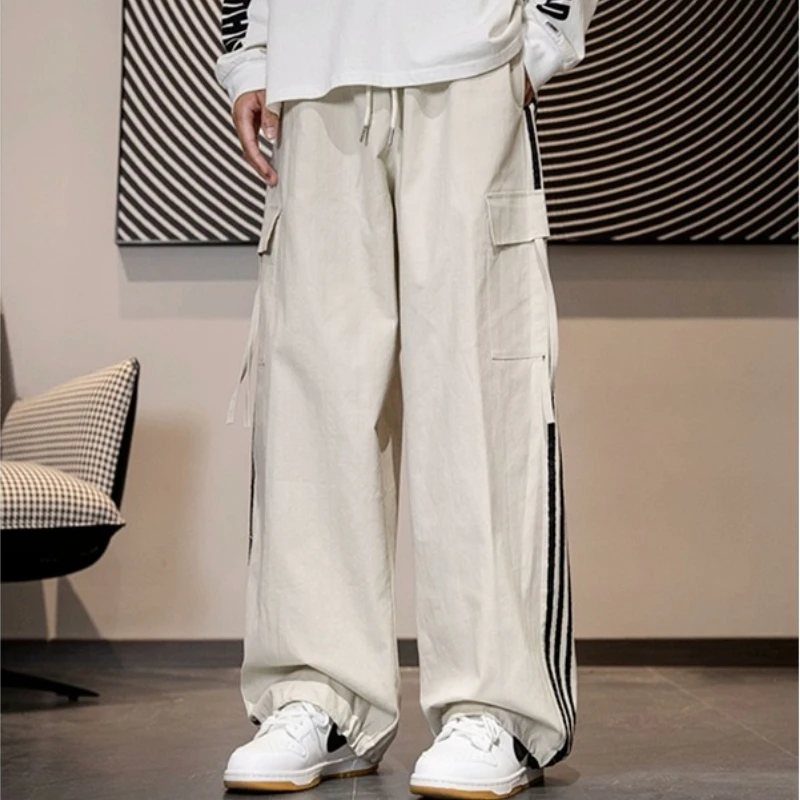 Japanese Retro Striped Cargo Pants Men Loose Casual Full Length Drawstring High Waist Straight Leg Pants Sports Streetwear Male