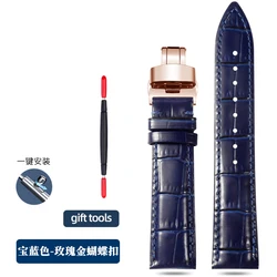Genuine Dark Blue Leather Unisex Watch Strap - Multiple Width Options - 22mm (A - royal blue - rose)