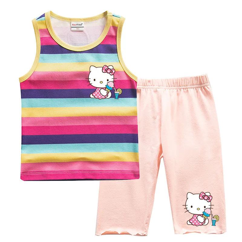 thumbnail image 1 of Hello Kitty-Chaleco a rayas de algodón para niñas, traje exterior informal para niños, cuello redondo sin mangas y pantalones cortos, conjunto de dos piezas, novedad de verano, 1 of 5