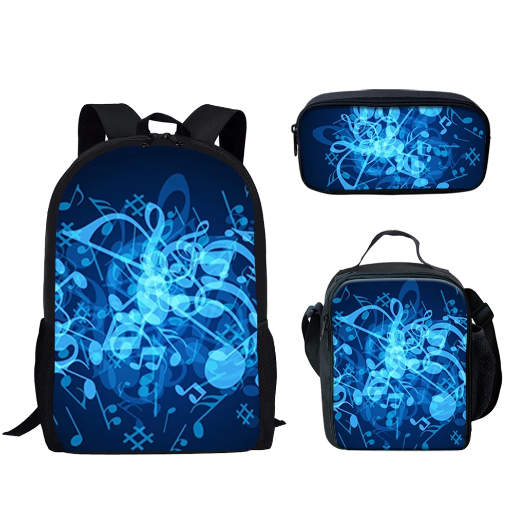 Casual 3Pcs School Bags Music Notes Print Lightweight Large Capacity Backpack for Teen Boys Girls Travel Bookbags Back to School