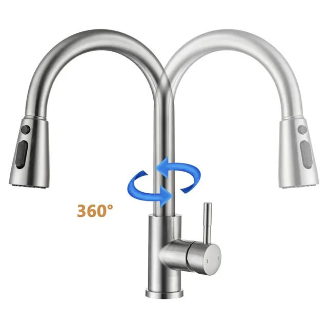 ก๊อกน้ําห้องครัวแปรงนิกเกิลดึงอ่างล้างจาน Water TAP Deck ติดตั้ง Mixer Stream Sprayer หัวร้อนเย็นก๊อก Sliver 2