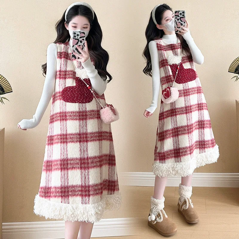 Christmas Plaid Woolen Vest Skirt + Sweater Top Two-Piece Set Autumn Winter Maternity Clothing Baby Clothes