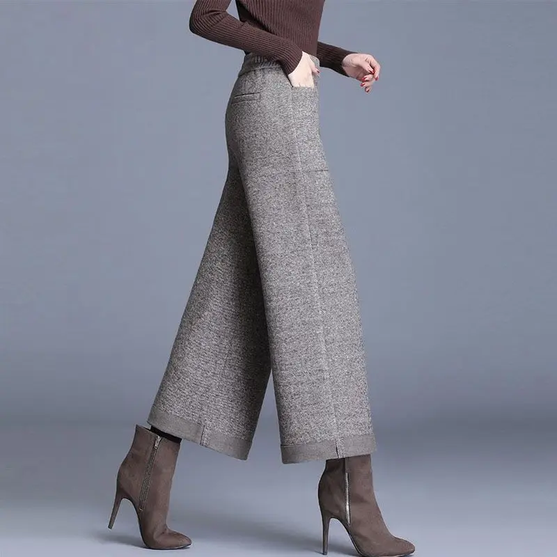 

Women's Woolen Pants Casual Loose Style Street Dress Pants Wide Trousers Woolen Cropped Pants 2023 News Female High Waist A23