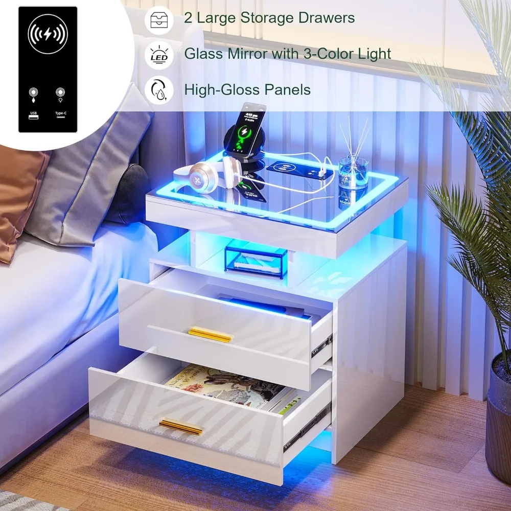 LED Nightstands 2 Storage Drawers Smart Night Stand Auto Sensor Lights Modern Bed Side Table Charging Station