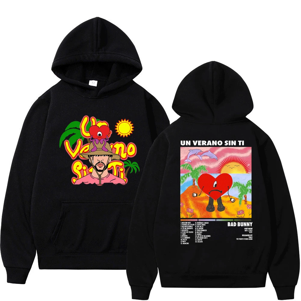 

Худи Bad Bunny UN VERANO SIN TI с музыкальным альбомом, уличная одежда в стиле хип-хоп, пуловер с длинным рукавом, черные флисовые толстовки, свитшоты для мужчин