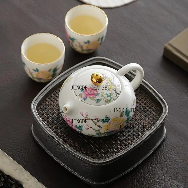 1 set of 3 Dehua ceramic peonies sheep fat jade porcelain gilded roasted flowers Chinese style Xishi teapot