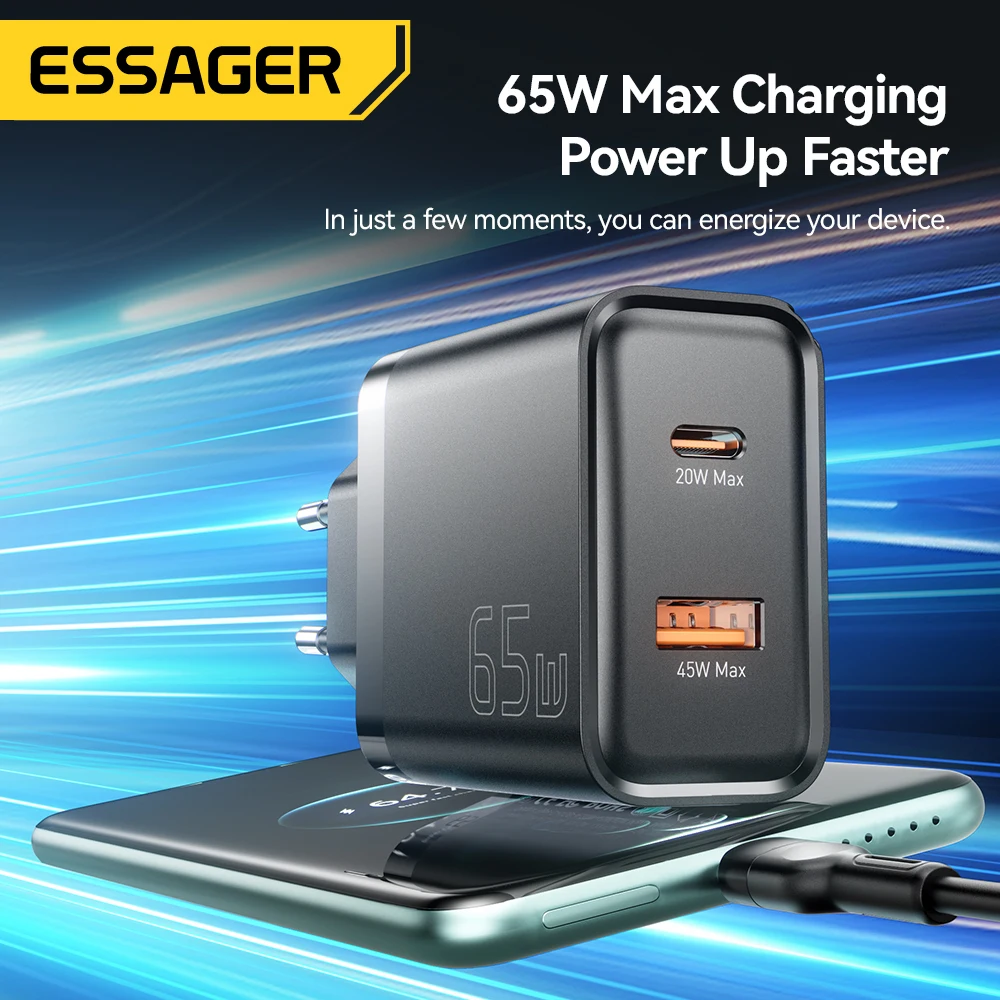 Essager 65W GaN Charger QC 4.0 PD 3.0 Type C USB Charger for iPhone 15 14 13 Pro Max Samsung Xiaomi MacBook Laptop Fast Chagers