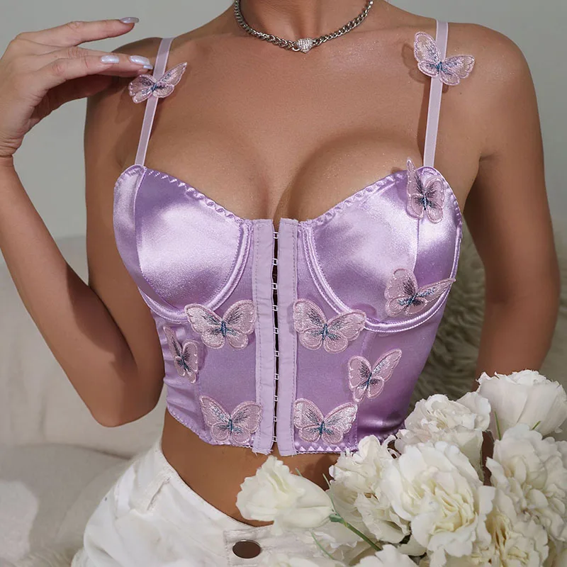 Satin Embroidered Butterfly Purple Push Up Camisole Top Summer Women Corset Aesthetic Y2k Girl Bustier Sling Cropped Tank Vest