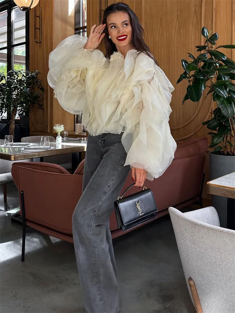 Patchwork Ruffled White Shirts Fashion Elegant For Women High Waist Long Sleeve Casual Streetwear Ladies Blouse Top