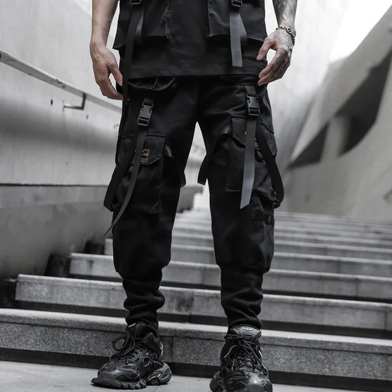 

2023 New Streetwear Pants Hip Hop Joggers Pockets Men Harem Casual Men Pants Ankle-length Ribbons Black Trousers Men ABZ696