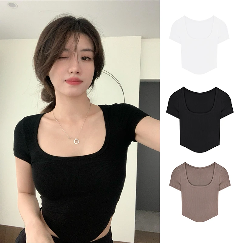 

Летняя Необычная футболка с высокой талией, облегающий Тонкий Топ с коротким рукавом