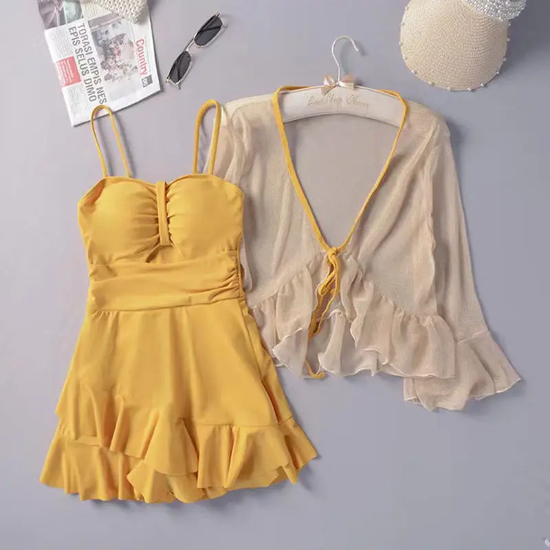 2023 New Summer Women Y2K Lace Up Ruffle Fairy Sweet Sexy Hollow Slim Bikini Mini Dress Cover-up Swimwear Set Beach Bathing Suit