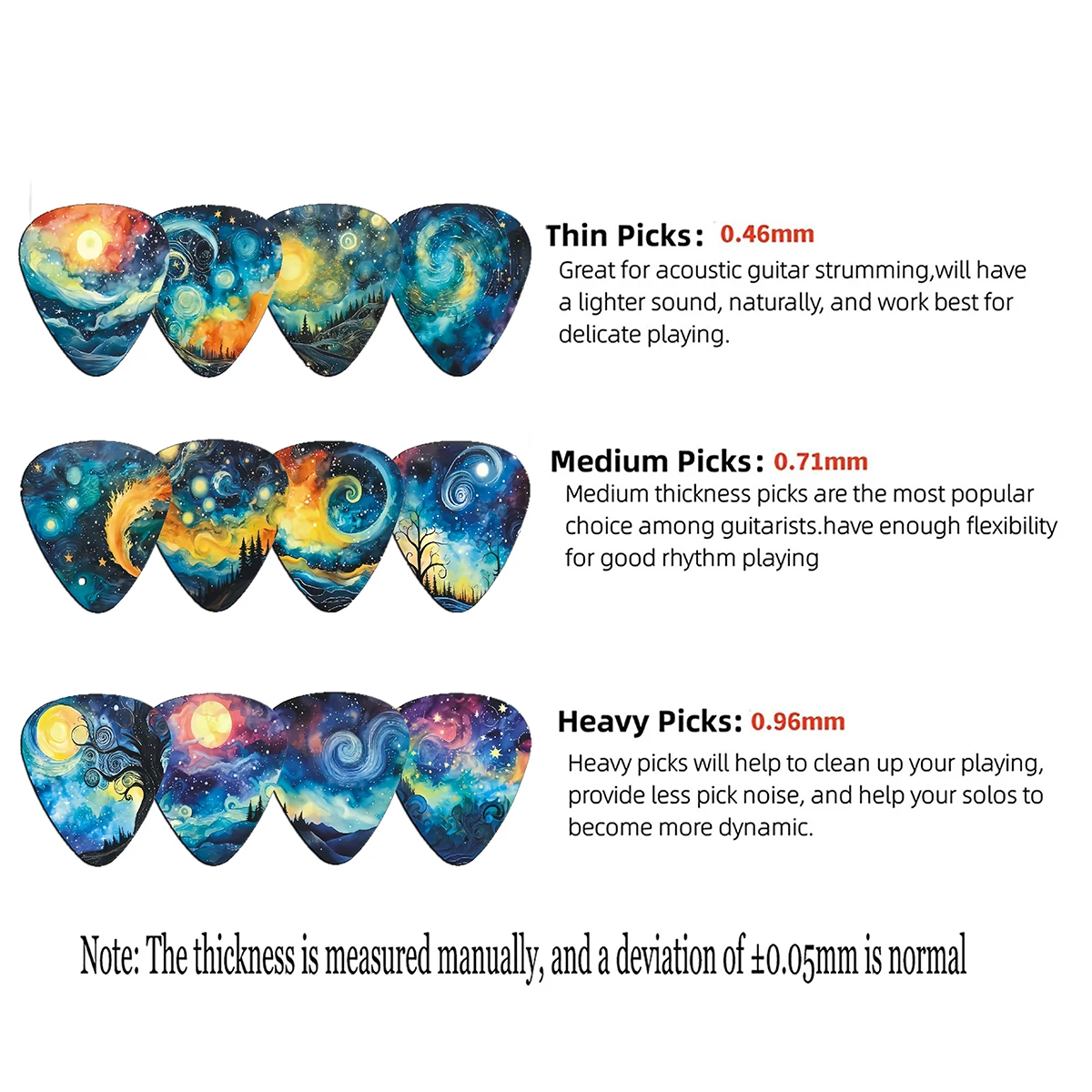 12-Piece Guitar Pick Set Unique Pattern Double-Sided Printing Acoustic