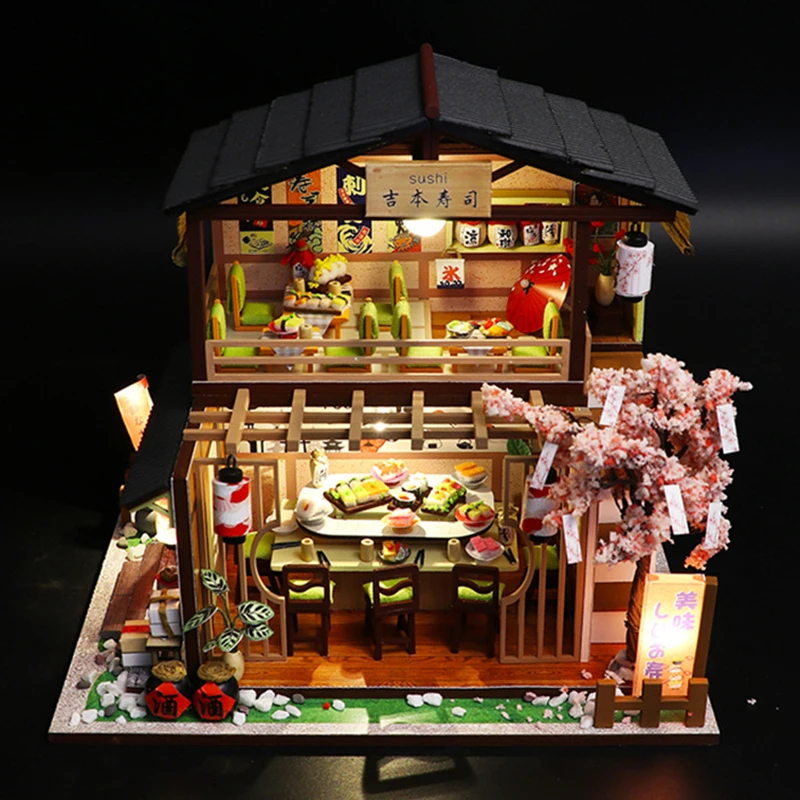 DIY Wooden Miniature Model Kit Japanese Sushi Store Casa Doll Houses 3D Puzzle Dollhouse With Furniture Lights for Friends Gifts 5
