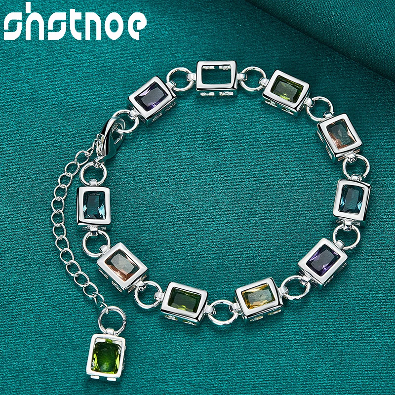 

SHSTONE New 925 Sterling Silver Multicolor AAA Zircon Square Chain Bracelets Luxury Gift Noble Jewelry For Women Christmas Party