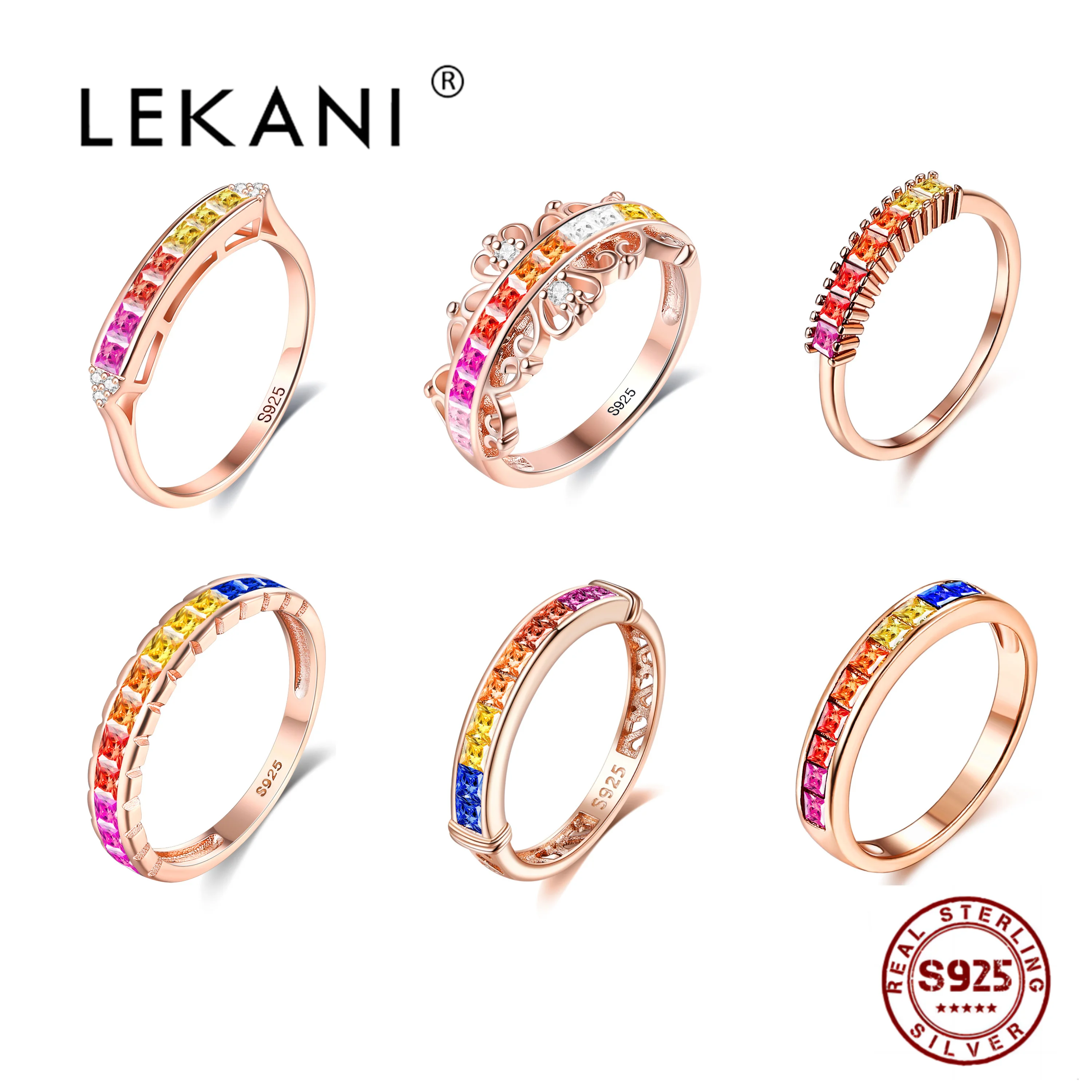 

LEKANI Real 925 Sterling Silver Rose Gold Rainbow Ring Set For Women 5A Clear Cubic Zirconia Fine Jewelry Engagement Party