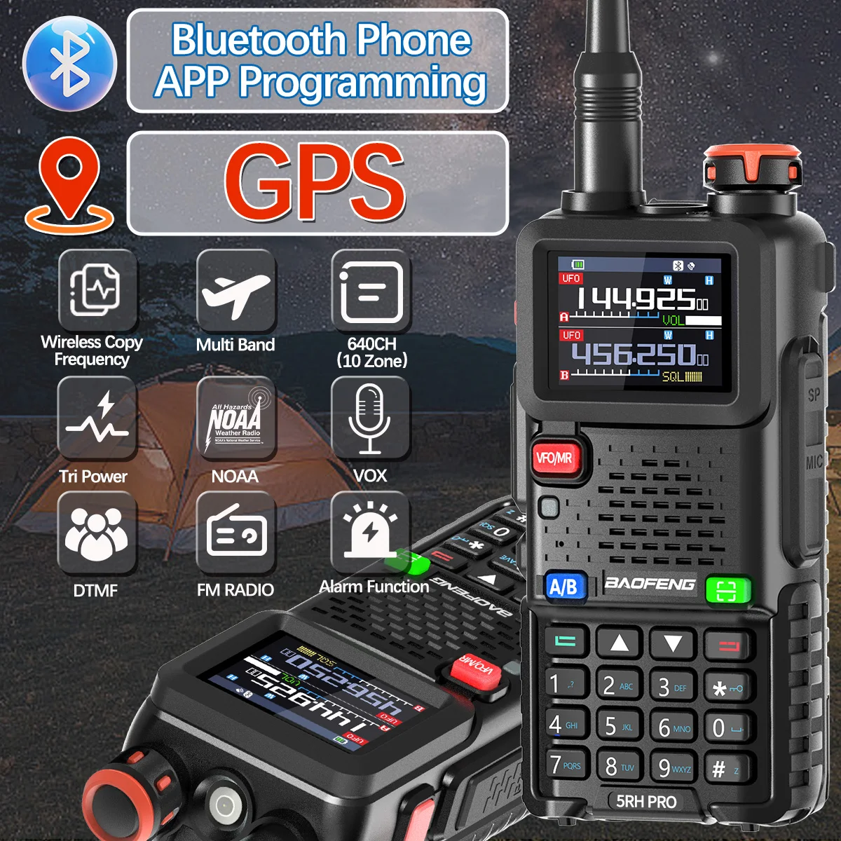 BAOFENG UV-5RH PRO GPS Walkie Talkie Bluetooth Wireless APP Programming 10W Multi Band Long Range Type-C AM Ham Two Way Radio 2