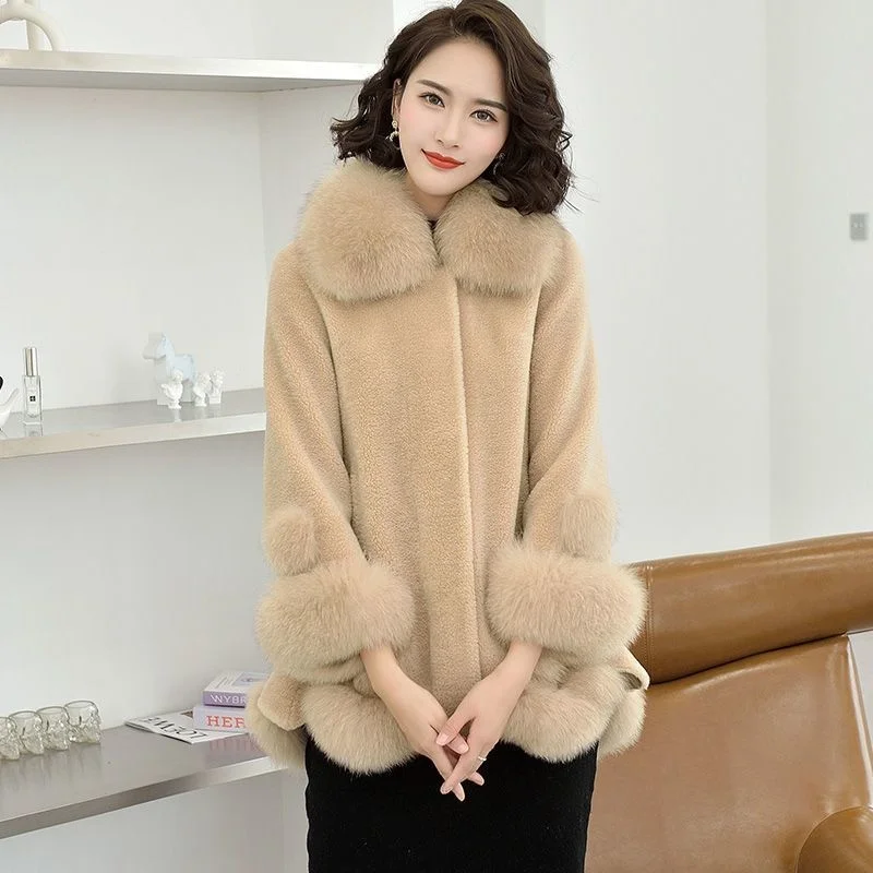 

2023 Winter Women Fashion Genuine Wool Fur Warm Coats Female Sheep Shearing Jackets Ladies Real Fox Fur Collar Overcoats Q04