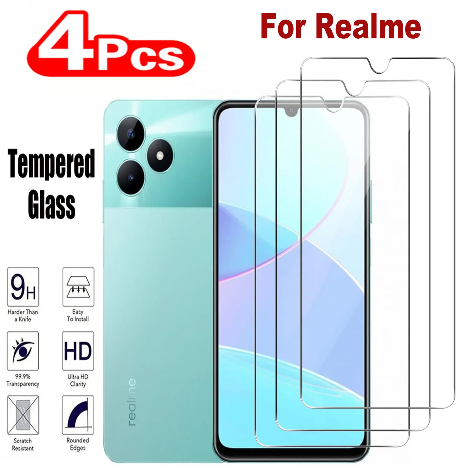 

2/4Pcs Tempered For Realme C53 C55 C35 C33 C31 C30 C30S C25 C25S C21 C21Y Screen Protector Glass Film