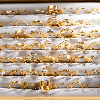 Conjunto de anel vintage elegante de 66 peças, cor dourada, pérola, anéis geométricos, design para mulheres, uso diário de festa, joias, presentes 2024 1