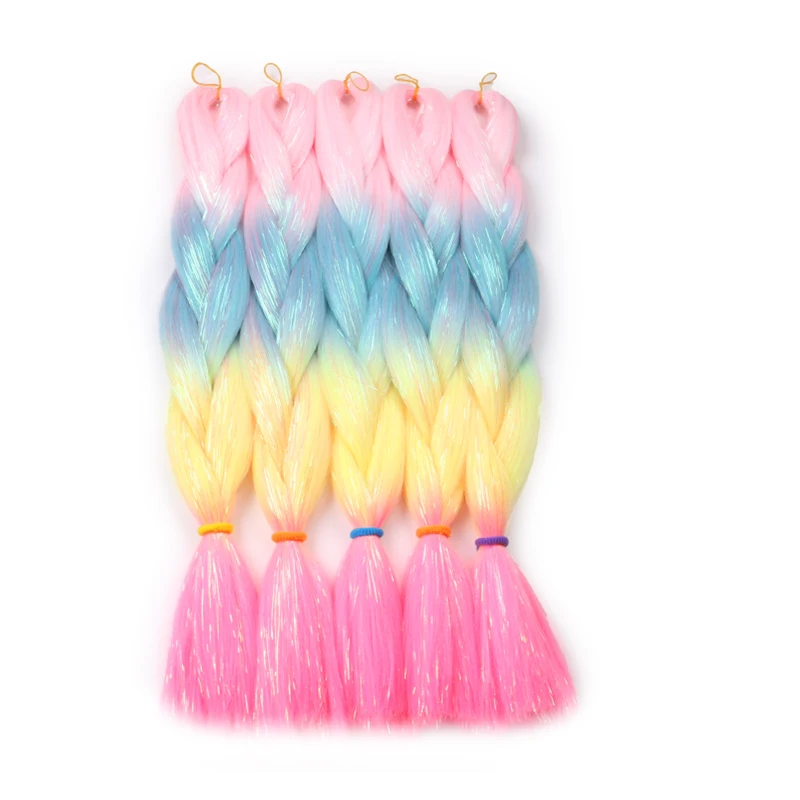 Extension Capillaire Synthétique Tressée avec Tinsel, Rose, Bleu, Violet, 24 Pouces, 100 Grammes, 5 Pièces