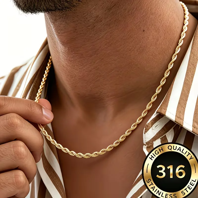 Klassische Zarte Goldfarbene Seilketten-Halsketten für Damen und Herren Schicke Gedrehte Wasserfeste Edelstahl-Gliederkette 2/3/4mm Breite