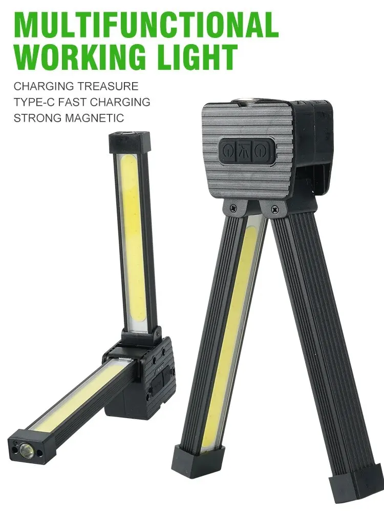 Hopfällbar multifunktionell campinglampa som visar COB- och LED-paneler