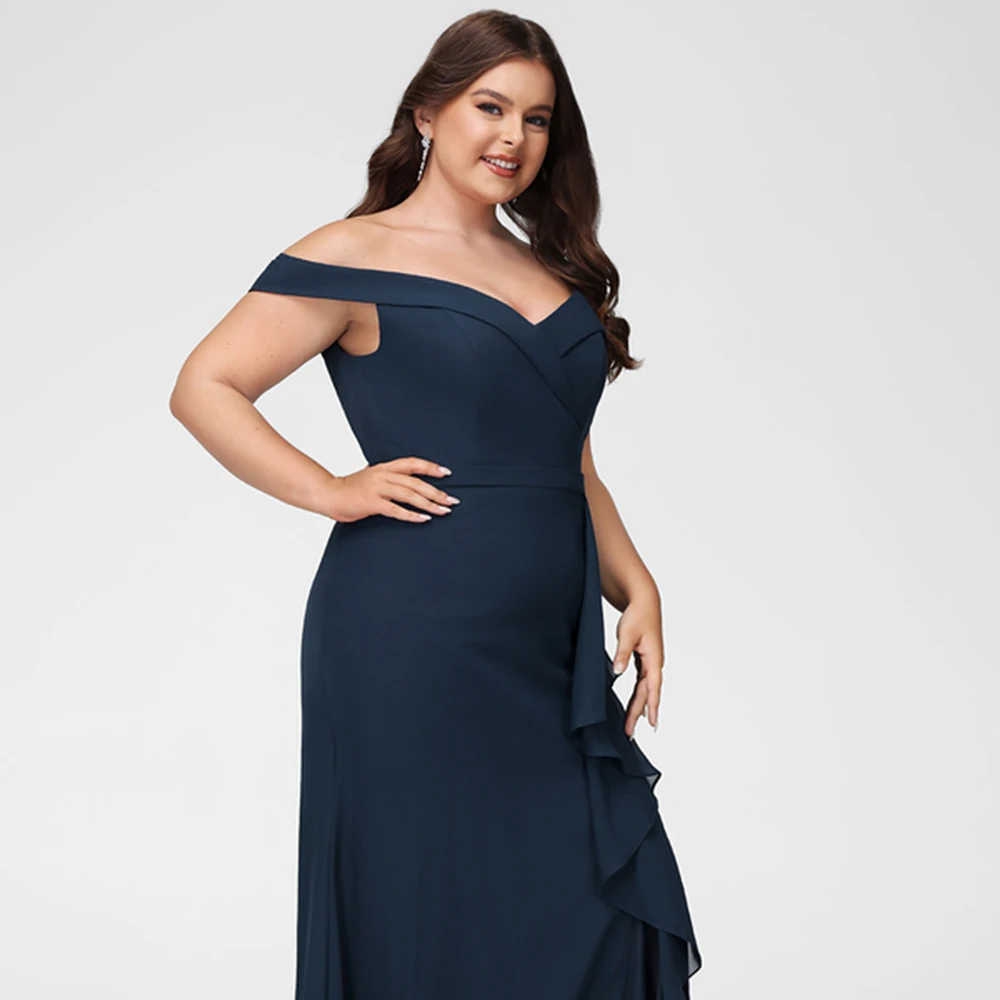 Customized Off The Shoulder Bridesmaid Dresses Sexy High Slit Chiffon Party Gown Simple Ruffles Backless Floor-Length Plus Size