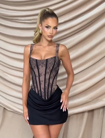 Black Lace Corset Mini Dress Women Satin Ruched Bodycon Robe Edgy Glam Party Gown For Club & Evening Occasion 2026 Spring Trendy