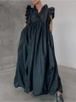 Robe plissée à volants pour femmes, robe trapèze élégante, mode vintage décontractée, col en V, été 1