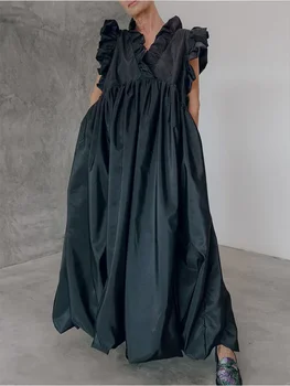 Elegant Women's Pleated Dress A-line Loose Ruffle Sleeveless Summer Casual Vintage Fashion V-Neck Summer Dress for Female 1