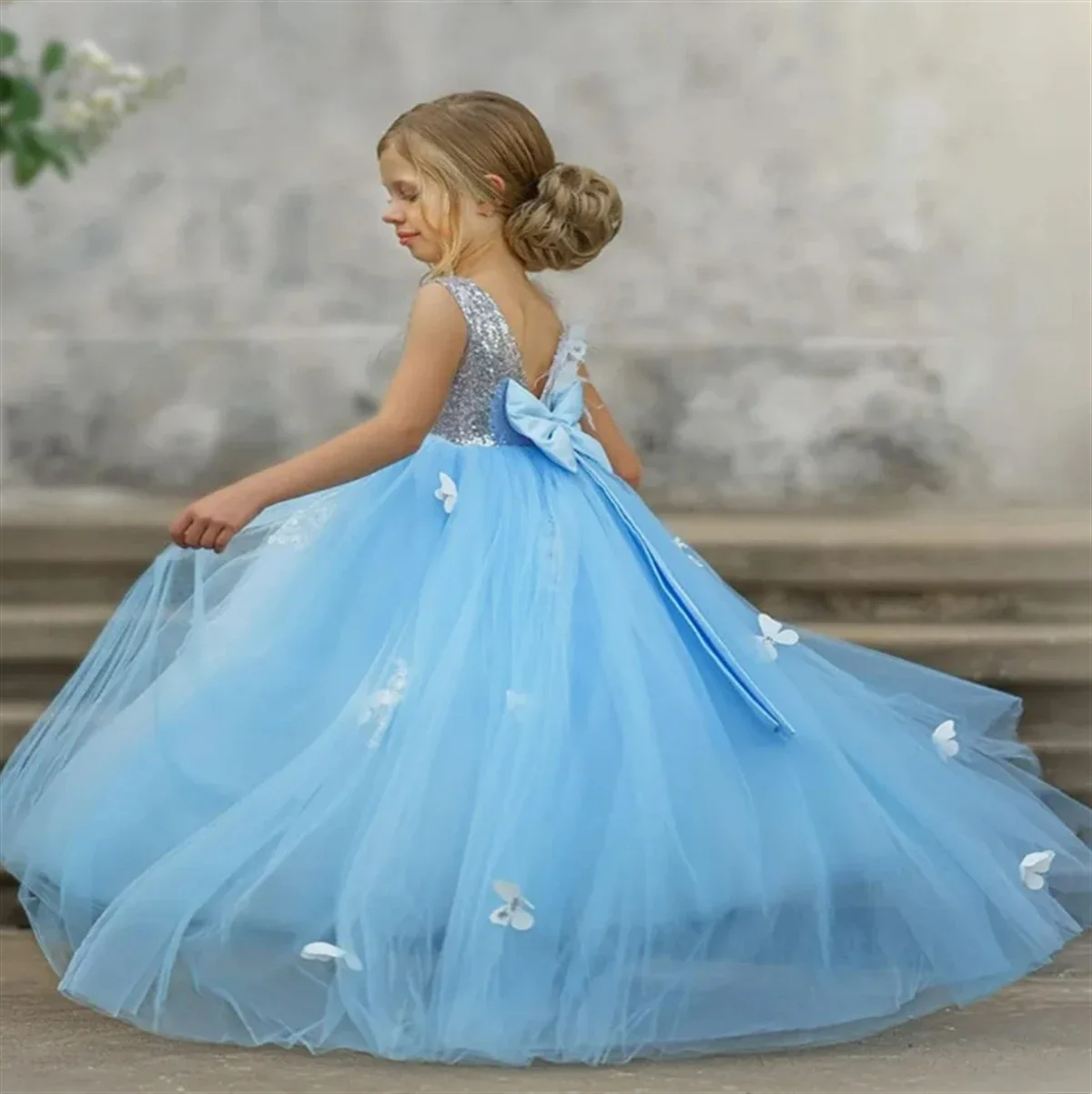 

Blue Tulle Fluffy Applique Sequins Sleeveless Bow Flower Girl Dress For Wedding Child's First Eucharistic Birthday Party Dresses